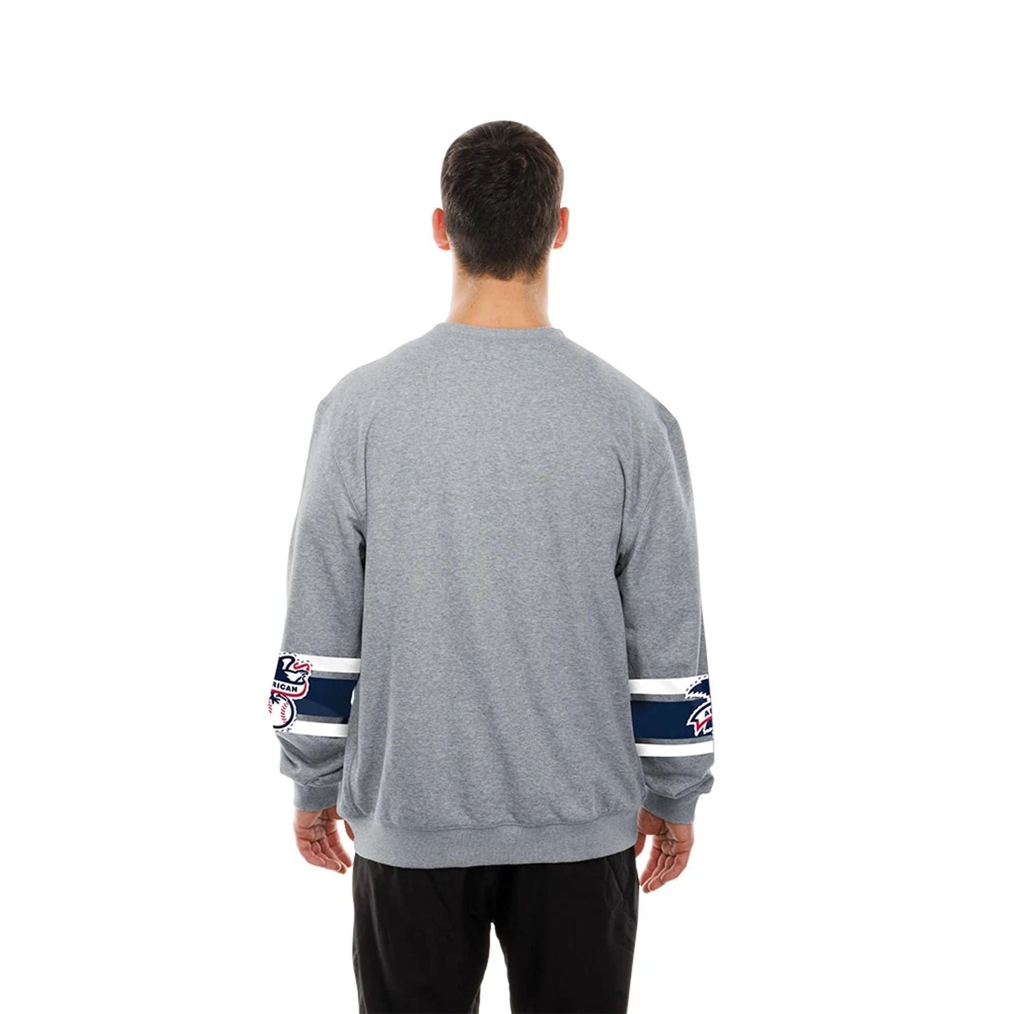 The model is wearing this MLB Sport Classic New York Yankees Crew Neck Sweater in grey. 2
