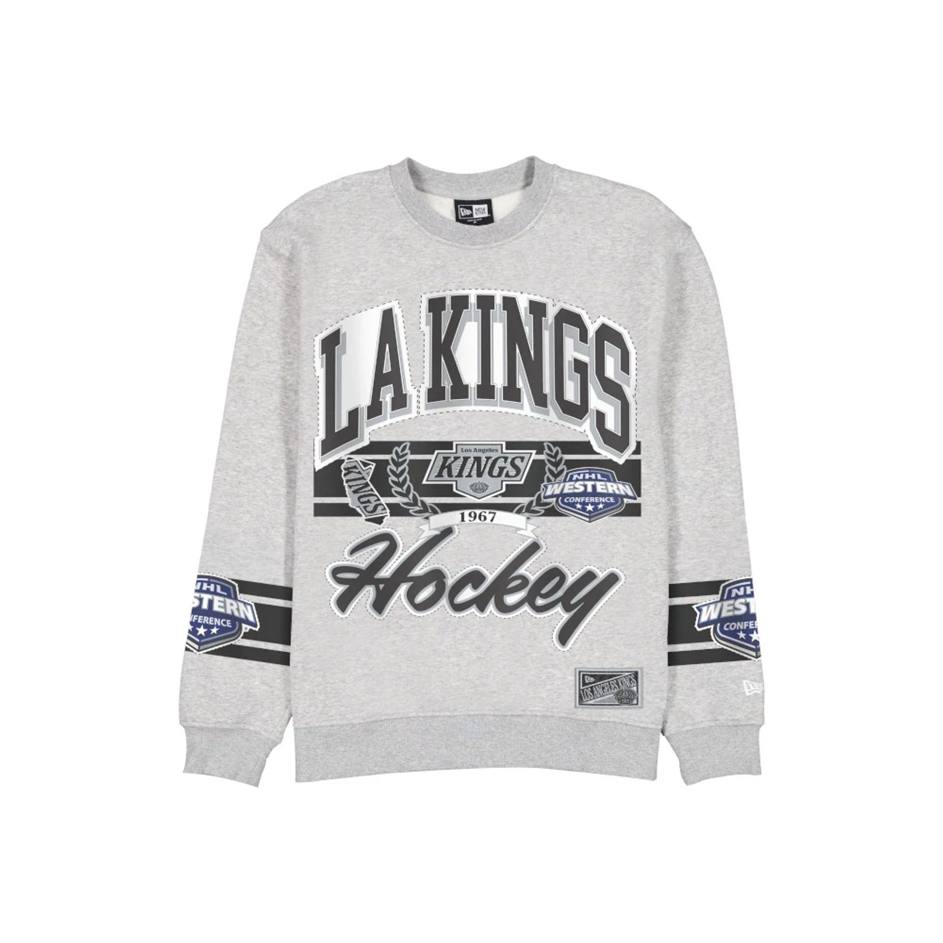 The model is wearing this NHL Sport Classic LA Kings Crew Neck Sweater in grey. 1