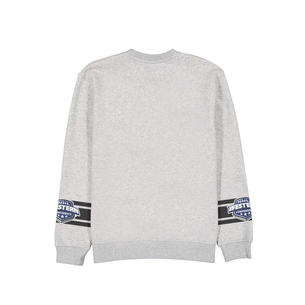 New Era LA Kings NHL Sport Classic Grey Crew Neck Sweater, rear view showing the plain grey back with detailed NHL Western Conference patch on the lower sleeves above the ribbed cuffs.