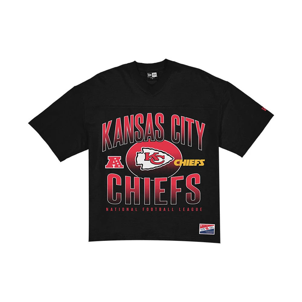 New Era Kansas City Chiefs NFL Black Boxy T-Shirt, front view featuring large red and white Kansas City Chiefs lettering with a central logo, additional AFC and Chiefs logos on either side, and a patch at the lower hem.