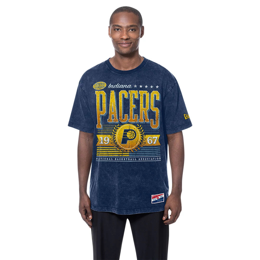 The model is wearing this NBA Anniversary Indiana Pacers T-Shirt in navy. 1