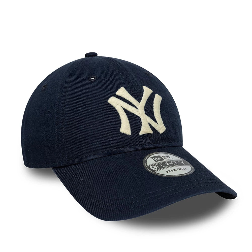 New York Yankees Ralph Lauren x MLB Navy Long Visor New Era 9FORTY Adjustable Cap, three-quarter view showing the cream embroidered NY logo on the structured navy crown with a curved visor and a 9FORTY size sticker on top.