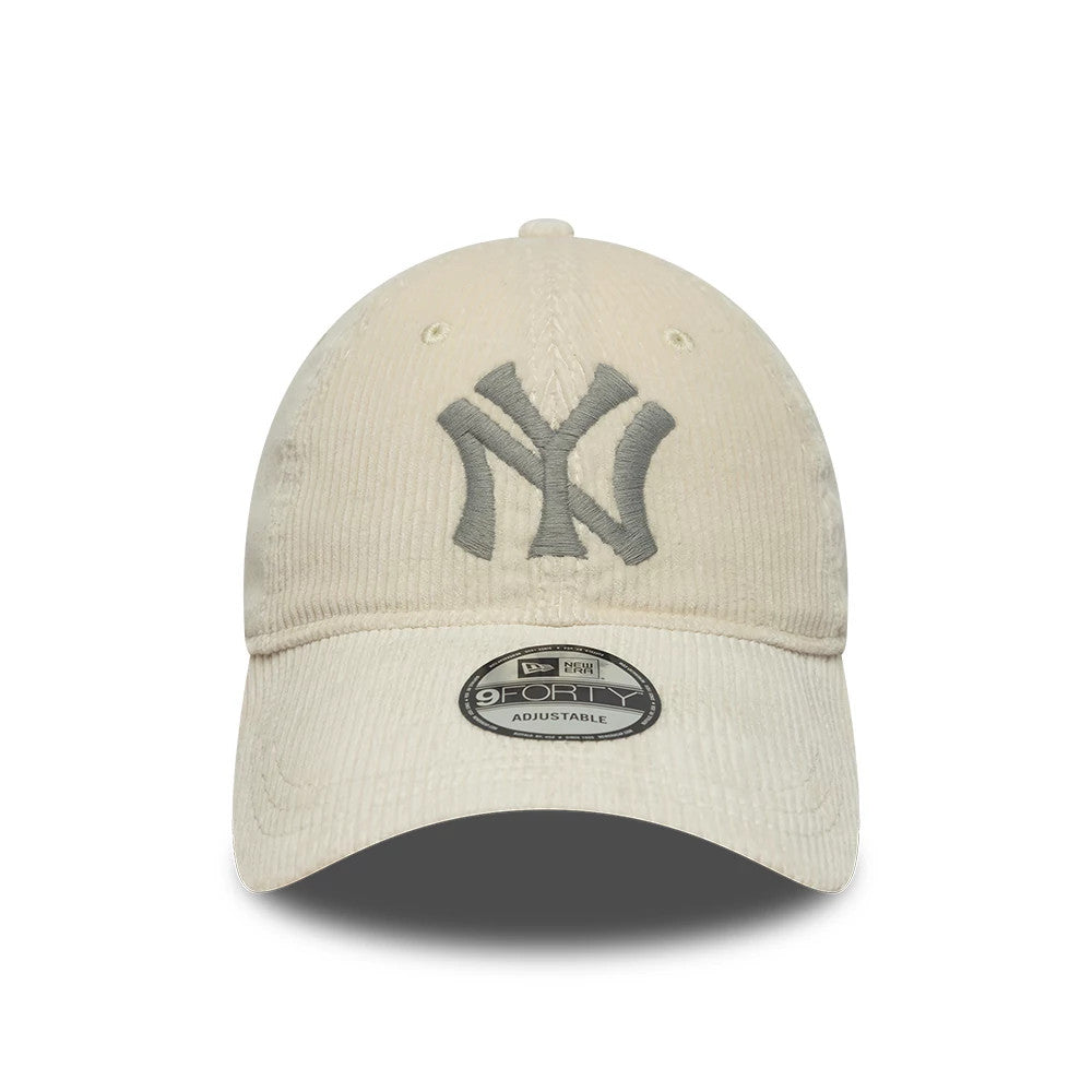 New York Yankees Ralph Lauren x MLB Cord Open Beige Long Visor New Era 9FORTY Adjustable Cap, front view showing the grey embroidered NY logo on the structured beige crown, with a curved visor and 9FORTY size sticker.