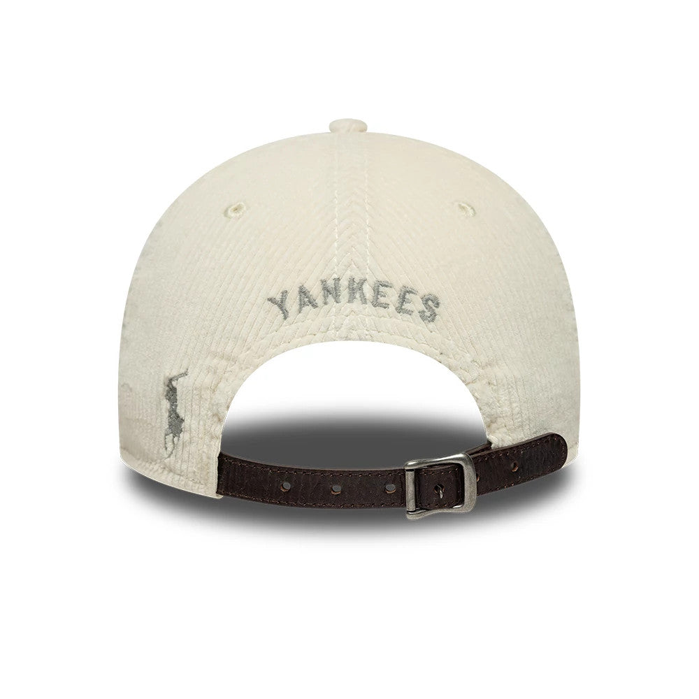 New York Yankees Ralph Lauren x MLB Cord Open Beige Long Visor New Era 9FORTY Adjustable Cap, rear view showing the grey Yankees embroidery above the brown leather strap and silver buckle, with the Ralph Lauren Polo logo on the left side.