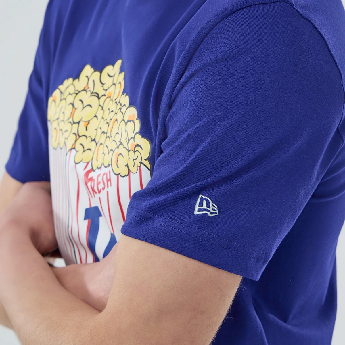 New Era LA Dodgers MLB Popcorn Dark Blue T-Shirt, three-quarter view showing a yellow popcorn graphic on the chest, red and white striped popcorn box, the word Fresh and a white embroidered New Era logo on the left sleeve.