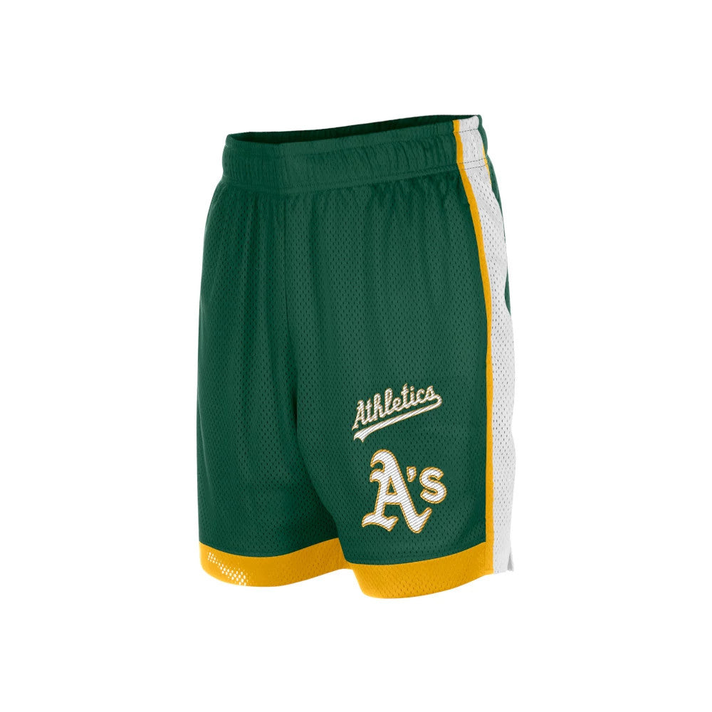 New Era Athletics MLB Dark Green Mesh Shorts, three-quarter view showcasing the dark green mesh fabric with a white side panel, a yellow stripe running vertically along the side, and embroidered Athletics and A's logos near the hem.