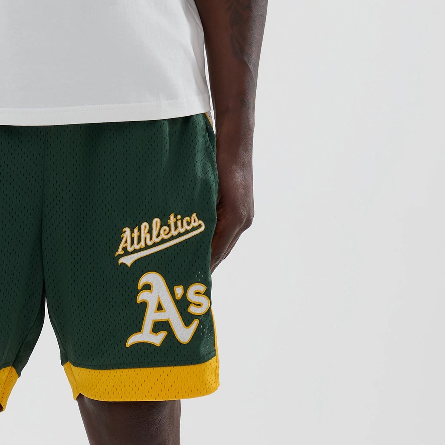 The model is wearing these MLB Athletics Mesh Shorts in dark green. 5