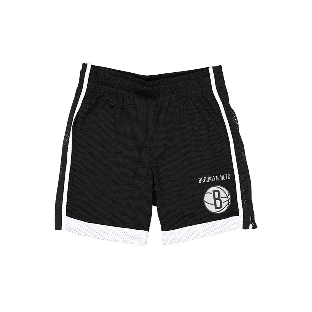 New Era Brooklyn Nets NBA Black Mesh Shorts, front view showing a white embroidered Brooklyn Nets logo on the lower right leg, an elasticated waistband, and white stripe accents running down the sides and along the hem.