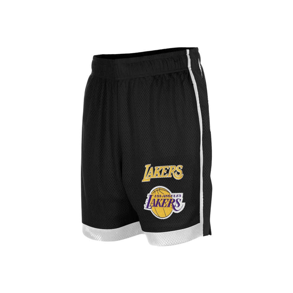 New Era LA Lakers NBA Black Mesh Shorts, three-quarter view showing the black fabric with white trim at the hem, an embroidered Lakers logo in gold and purple on the left leg and an elasticated waistband.