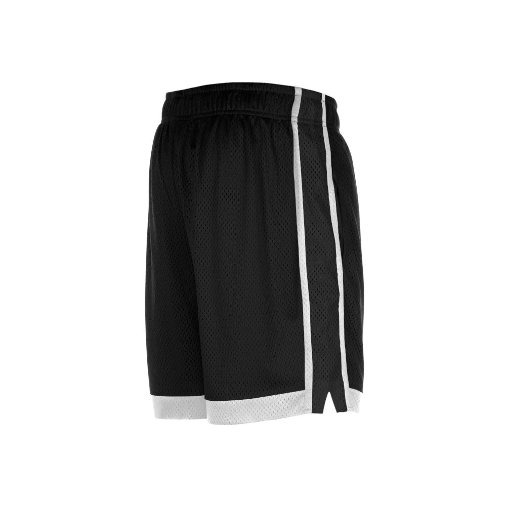 New Era LA Lakers NBA Black Mesh Shorts, side view displaying the black mesh fabric with white vertical stripes on the sides and a white trim at the hem, featuring an elastic waistband at the top.