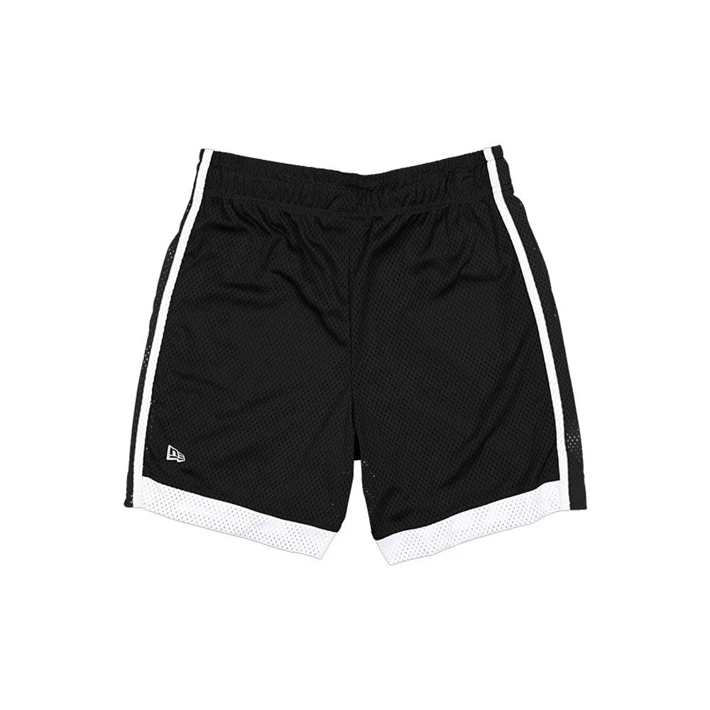 New Era Boston Celtics NBA Black Mesh Shorts, front view showing black mesh fabric with white side stripes, white bottom trim, and an embroidered New Era logo on the lower left hem.