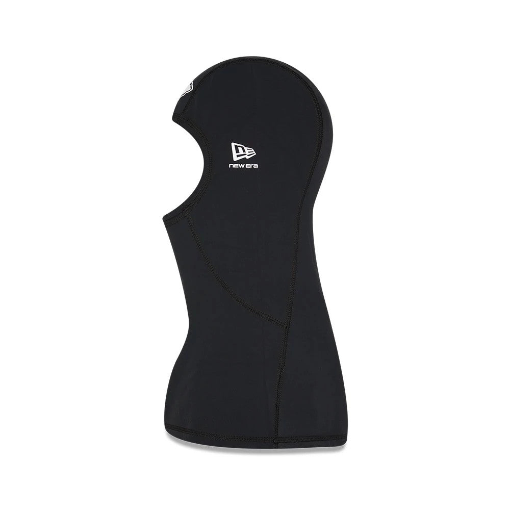 New Era Kansas City Chiefs NFL Sideline 2025 Black Balaclava, side view showing the white New Era flag logo on a black material, featuring a contoured fit around the head and neck with detailed seam lines.