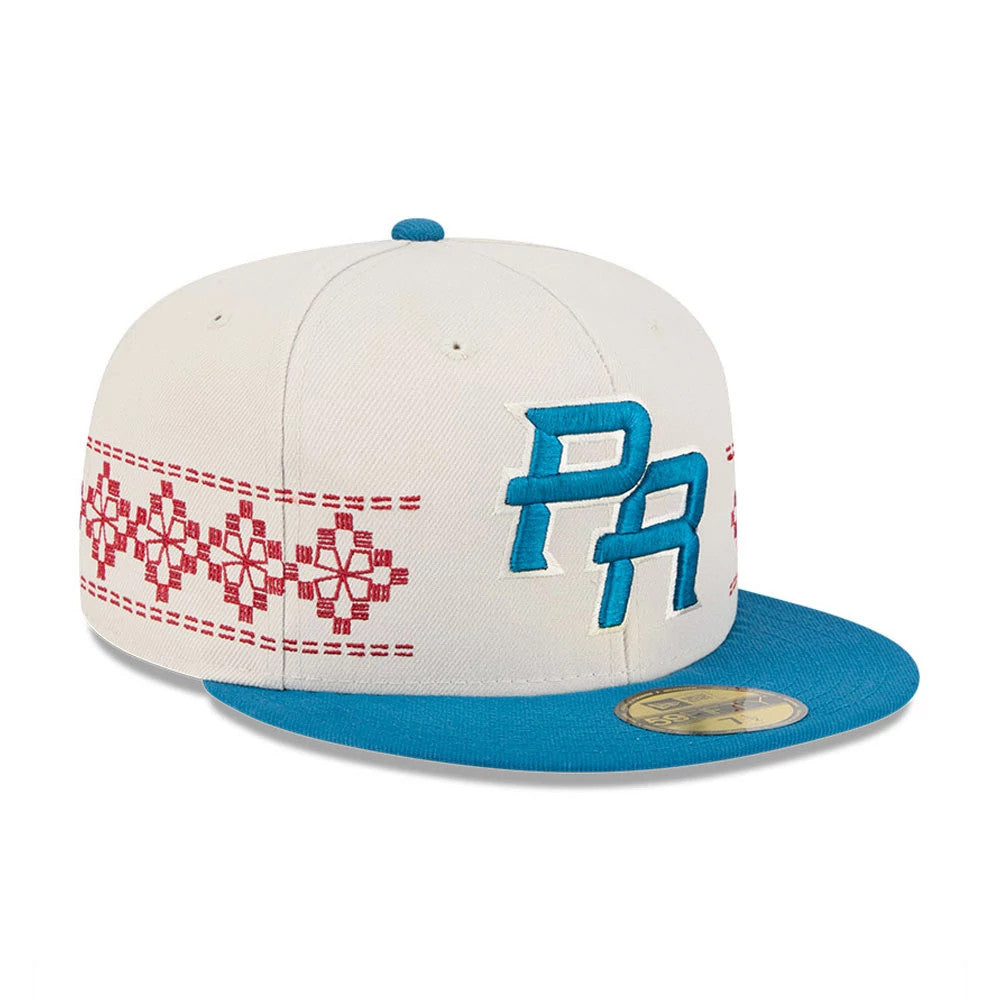 Puerto Rico WBC Latin Embroidery Light Beige New Era 59FIFTY Fitted Cap, front view showing the blue embroidered PR logo on the front panel, red geometric embroidery around the beige crown, and a blue flat visor with a gold 59FIFTY size sticker.