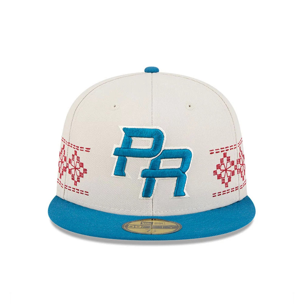 Puerto Rico WBC Latin Embroidery Light Beige New Era 59FIFTY Fitted Cap, front view showing raised turquoise PR embroidery on the front panel, red pattern embroidery on the sides, and a blue visor with gold 59FIFTY size sticker.