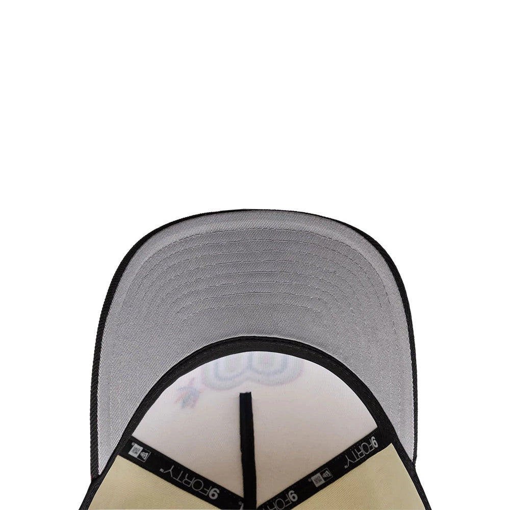 Mexico WBC Latin Embroidery White New Era 9FORTY M-Crown A-Frame Adjustable Cap, inside view showing the grey undervisor, black 9FORTY taping along the seams, and a beige sweatband lining the inner edge.