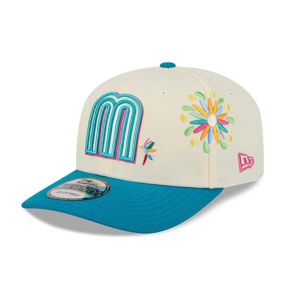 Pictured is this World Baseball Classic Latin Embroidery Mexico 9SEVENTY Stretch Snap cap in white. 1