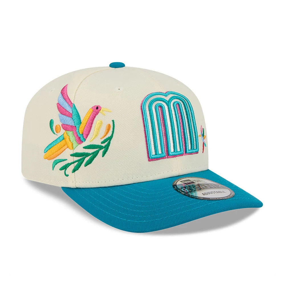Pictured is this World Baseball Classic Latin Embroidery Mexico 9SEVENTY Stretch Snap cap in white. 4