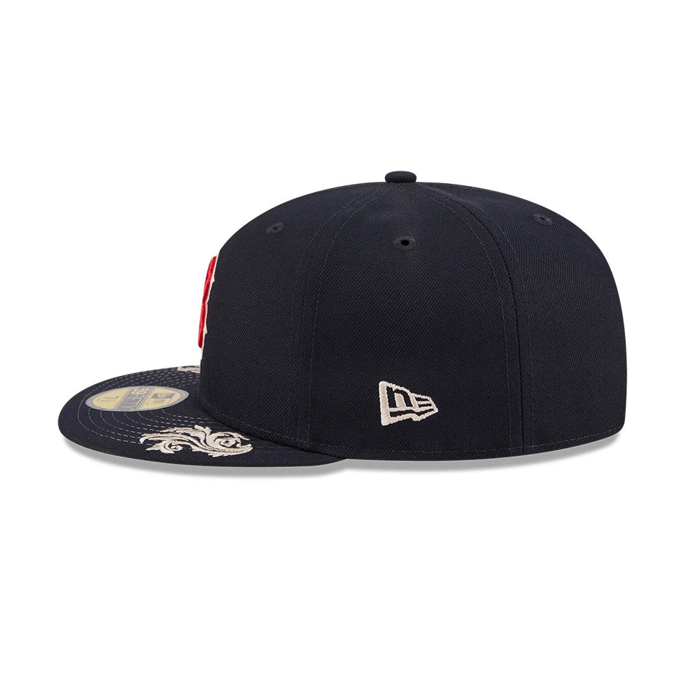 Boston Red Sox MLB Script Navy New Era 59FIFTY Fitted Cap, side view showing the white embroidered New Era flag logo on the left side and a decorative pattern under the flat visor, with a gold 59FIFTY size sticker on the top.