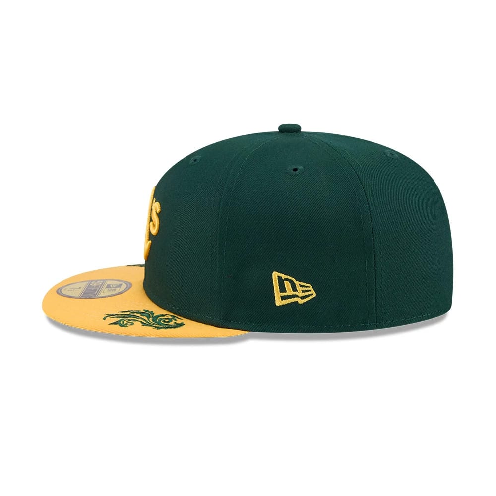 Pictured is this MLB Script Athletics 59FIFTY Fitted cap in dark green. 7