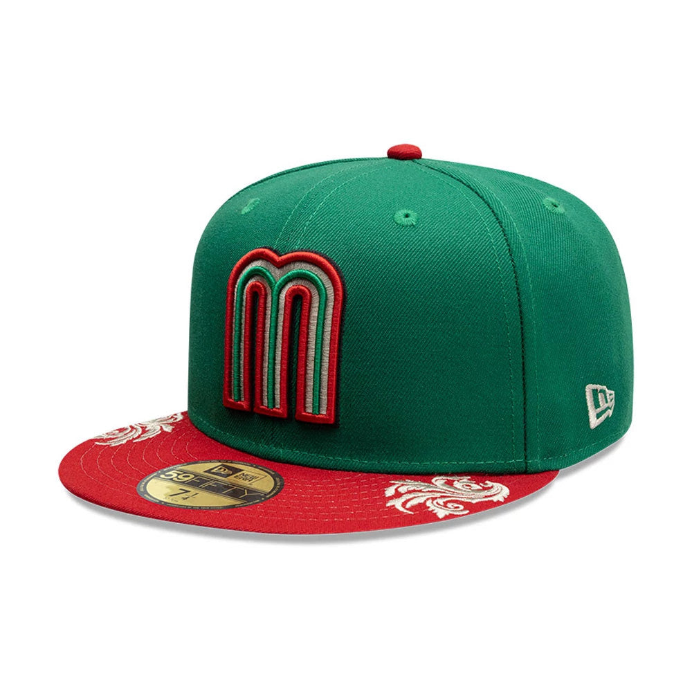 Mexico LMB Wordmark Green New Era 59FIFTY Fitted Cap, three-quarter view with a raised red and green embroidered M logo on the front panel, red visor featuring decorative white embroidery, and gold 59FIFTY size sticker.