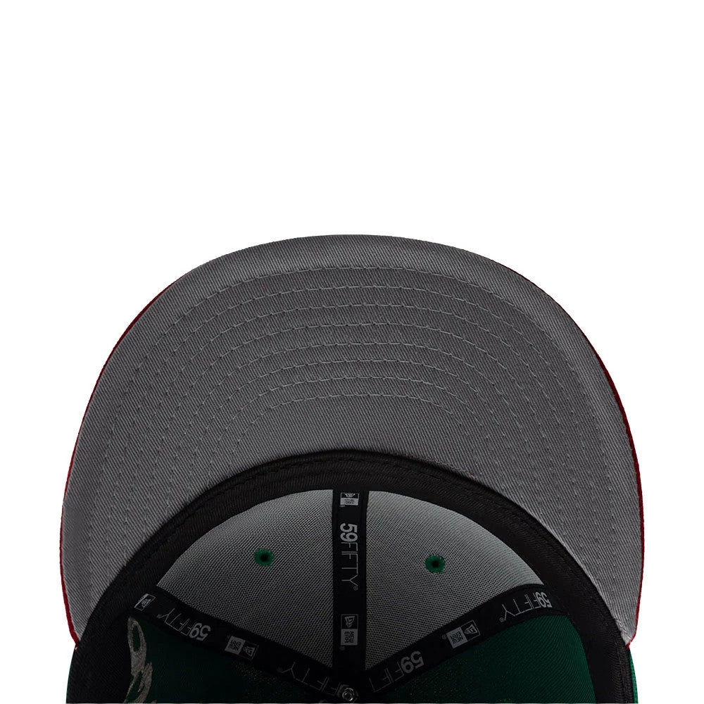 Mexico LMB Wordmark Green New Era 59FIFTY Fitted Cap, inside view showing the grey undervisor, black 59FIFTY branded taping, black sweatband, and green eyelets on the green cap material.