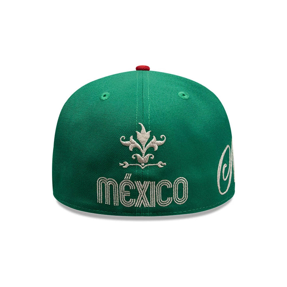Mexico LMB Wordmark Green New Era 59FIFTY Fitted Cap, rear view showing the cream embroidered México wordmark centred on the back panels under a decorative motif, with a structured green crown and a red top button.