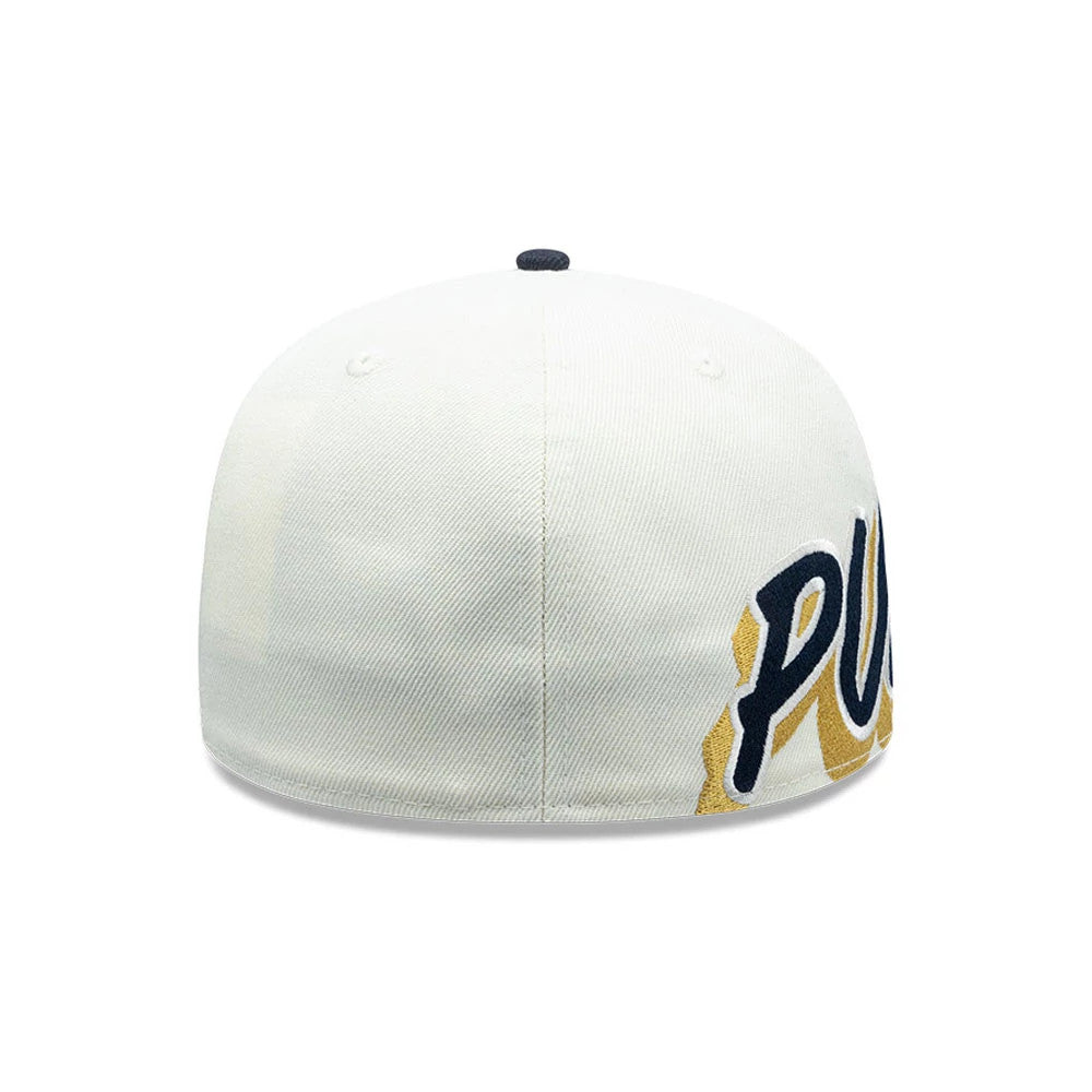 Pumas Unam Liga MX White New Era 59FIFTY Fitted Cap, rear view showing blue and gold embroidered PUMA text wrapping from the right side, under the white top button and eyelets on the structured white crown.