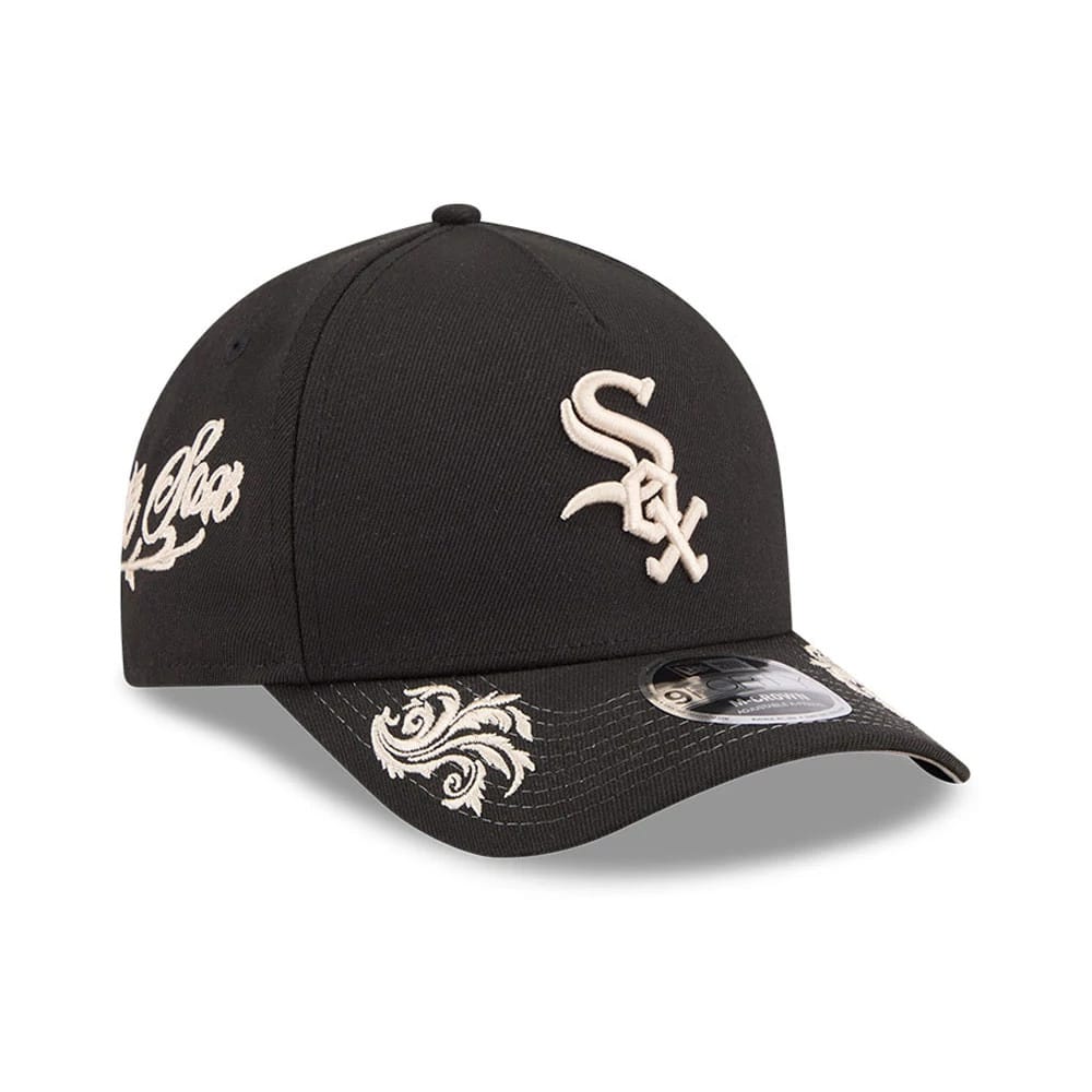 Pictured is this MLB Script Chicago White Sox 9FORTY M-Crown A-Frame Adjustable cap in black. 1