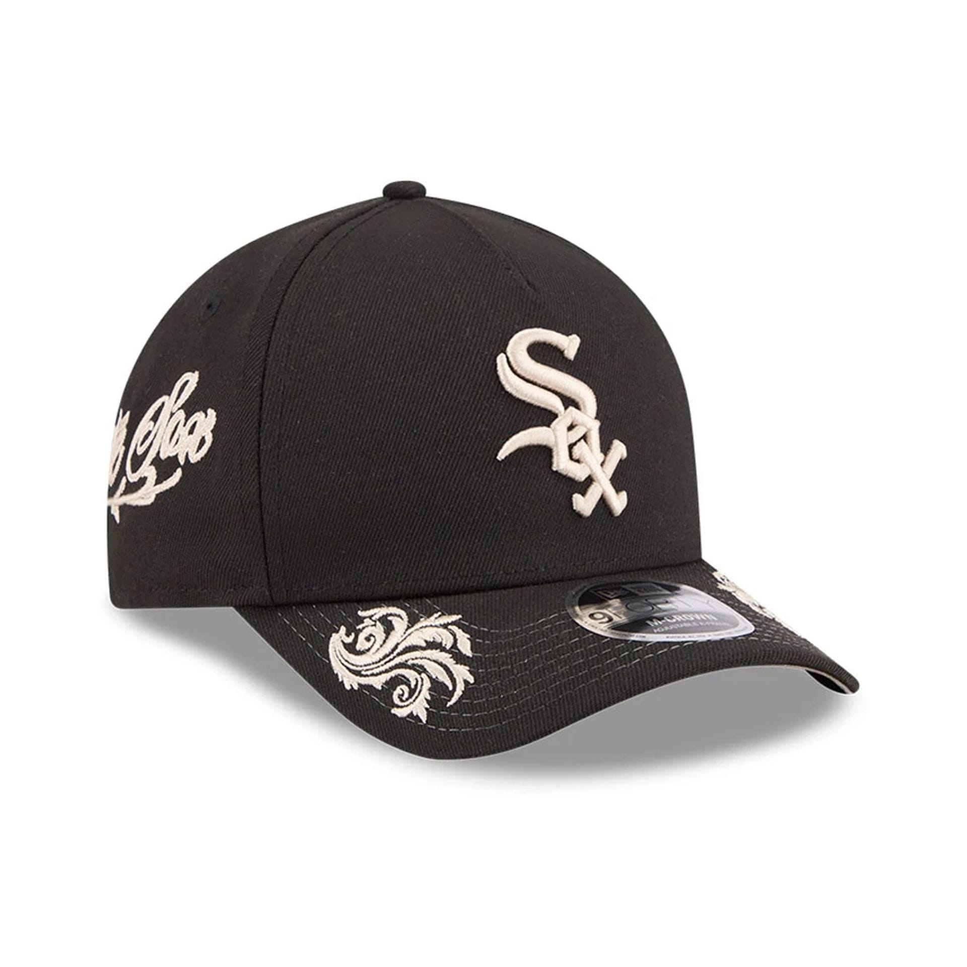 Pictured is this MLB Script Chicago White Sox 9FORTY M-Crown A-Frame Adjustable cap in black. 1