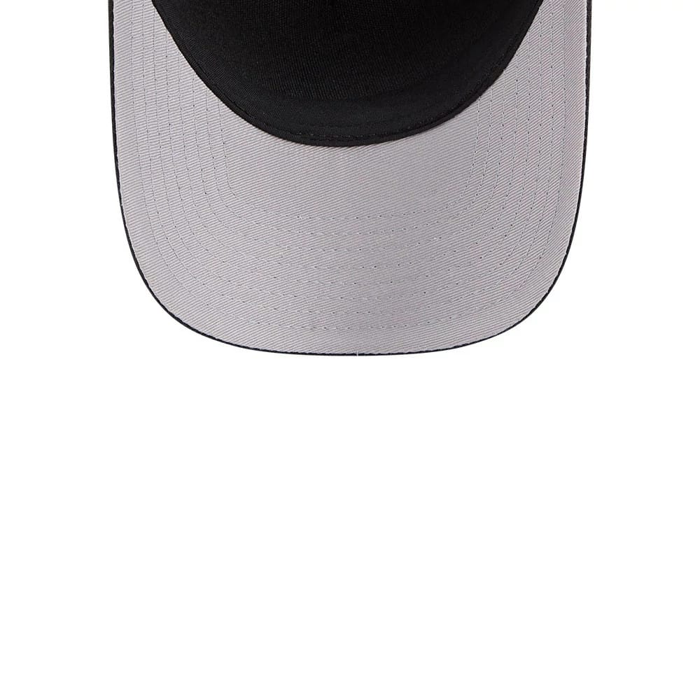 Chicago White Sox MLB Script Black New Era 9FORTY M-Crown A-Frame Adjustable Cap, inside view showing the light grey undervisor contrasting with the black crown, highlighting the cap’s stitching along the visor edge.