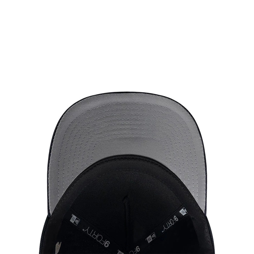 Boston Red Sox MLB Script Navy New Era 9FORTY M-Crown A-Frame Adjustable Cap, inside view showing the grey undervisor, black sweatband lining, and 9FORTY branding on the internal taping.