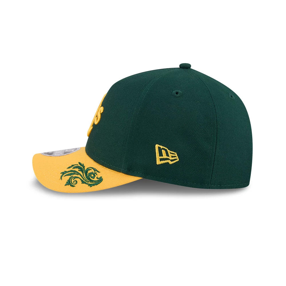 Athletics MLB Script Dark Green New Era 9FORTY M-Crown A-Frame Adjustable Cap, side view showing the yellow New Era flag logo on the left side, with a curved yellow visor featuring green embroidery and a 9FORTY size sticker.