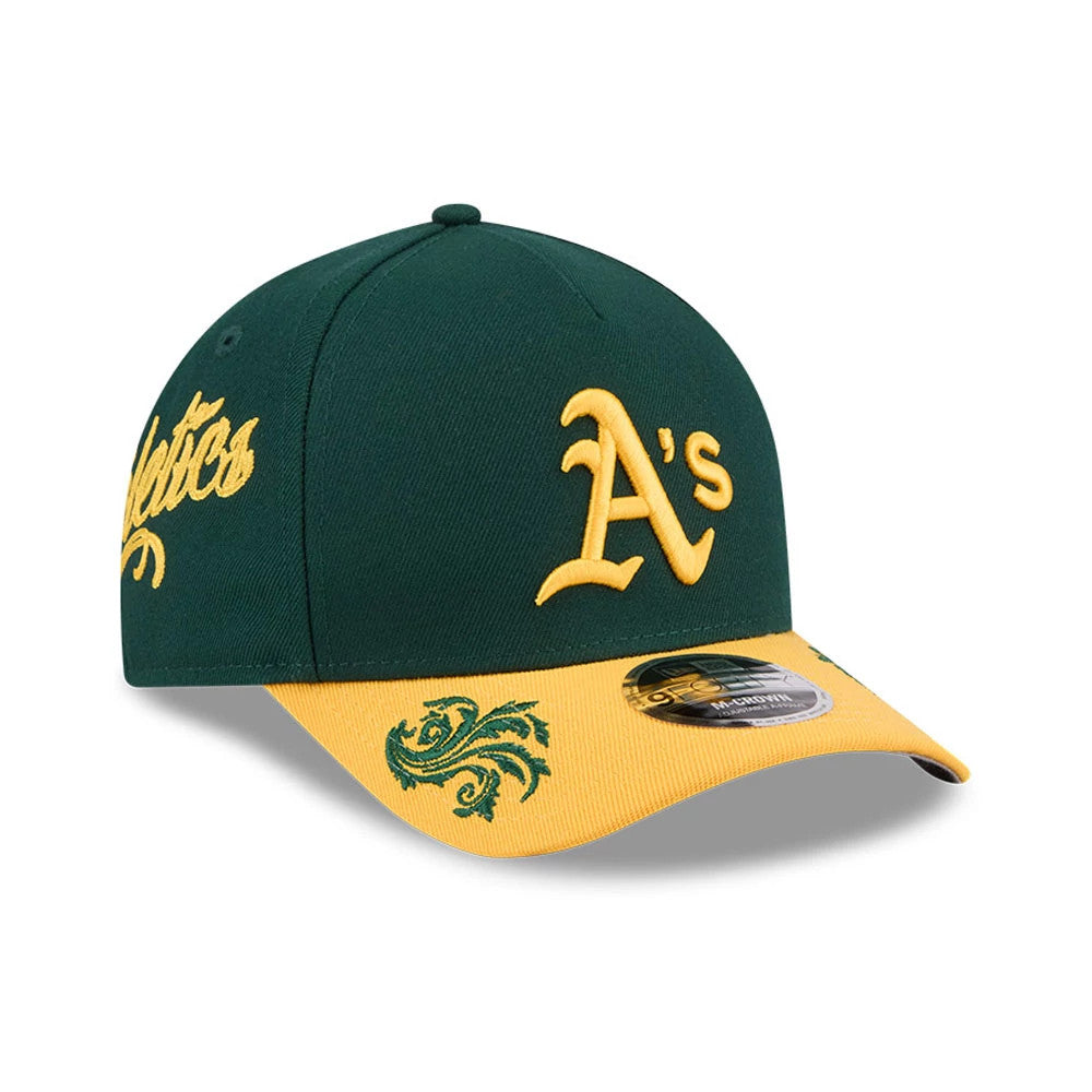 Pictured is this MLB Script Athletics 9FORTY M-Crown A-Frame Adjustable cap in dark green. 1