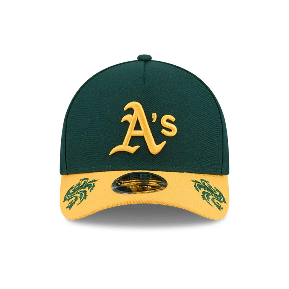 Pictured is this MLB Script Athletics 9FORTY M-Crown A-Frame Adjustable cap in dark green. 3