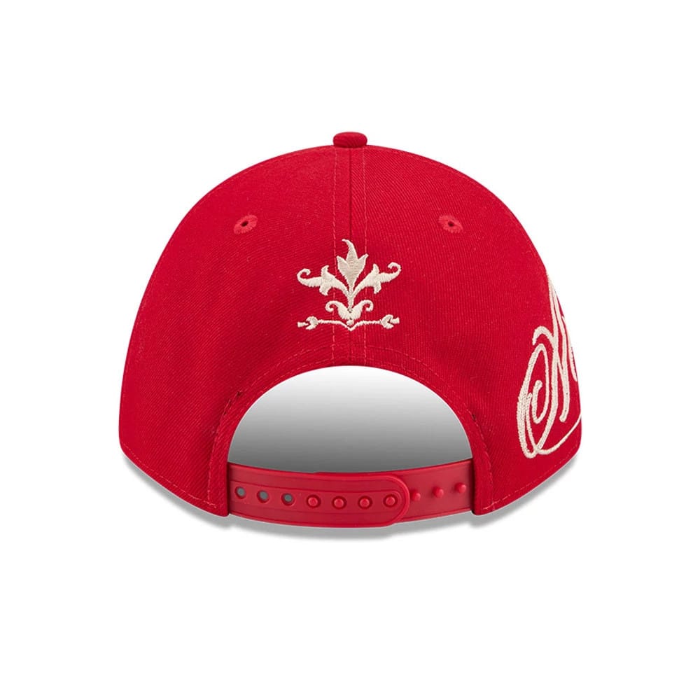 Pictured is this MLB Script LA Angels 9FORTY M-Crown A-Frame Adjustable cap in red. 7
