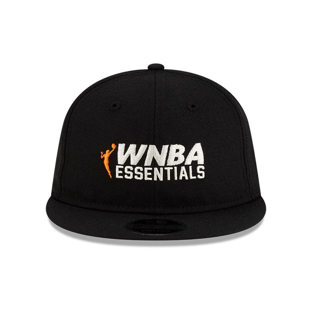 FOG x WNBA Logo Black Retro Crown New Era 9FIFTY Adjustable Cap, front view showing white WNBA Essentials embroidery with an orange silhouette logo on a structured black crown and black flat visor.