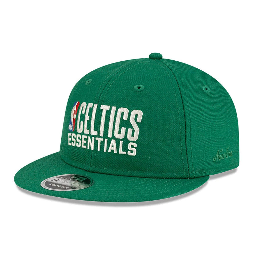 Boston Celtics FOG x NBA Green Retro Crown New Era 9FIFTY Adjustable Cap, front view showing white Celtics Essentials logo embroidery with NBA logo, flat green visor, and size sticker on the visor's upper side.