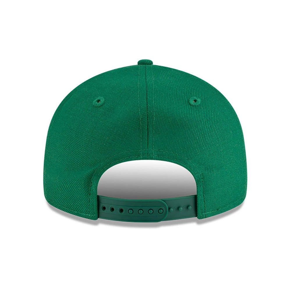 Boston Celtics FOG x NBA Green Retro Crown New Era 9FIFTY Adjustable Cap, rear view showing the structured green crown with embroidered eyelets and a green adjustable snap closure.