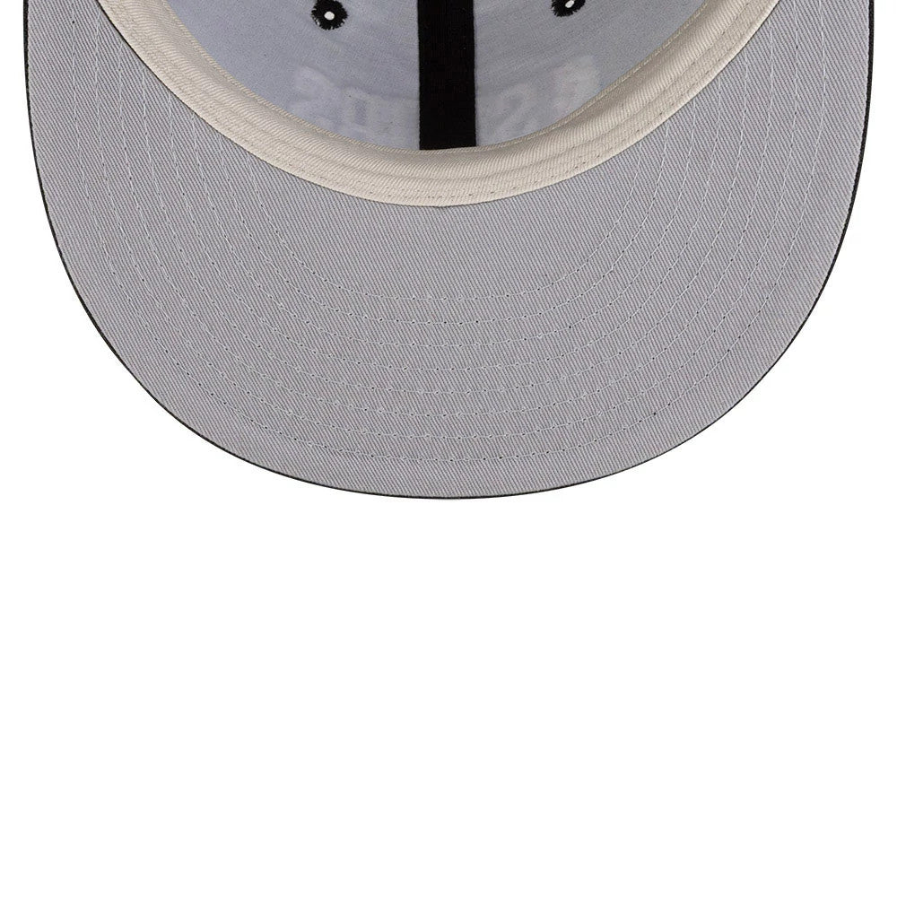 San Antonio Spurs FOG x NBA Black Retro Crown New Era 9FIFTY Adjustable Cap, inside view showing the grey undervisor, black taping along the seams, cream sweatband and graphics faintly on the fabric lining.