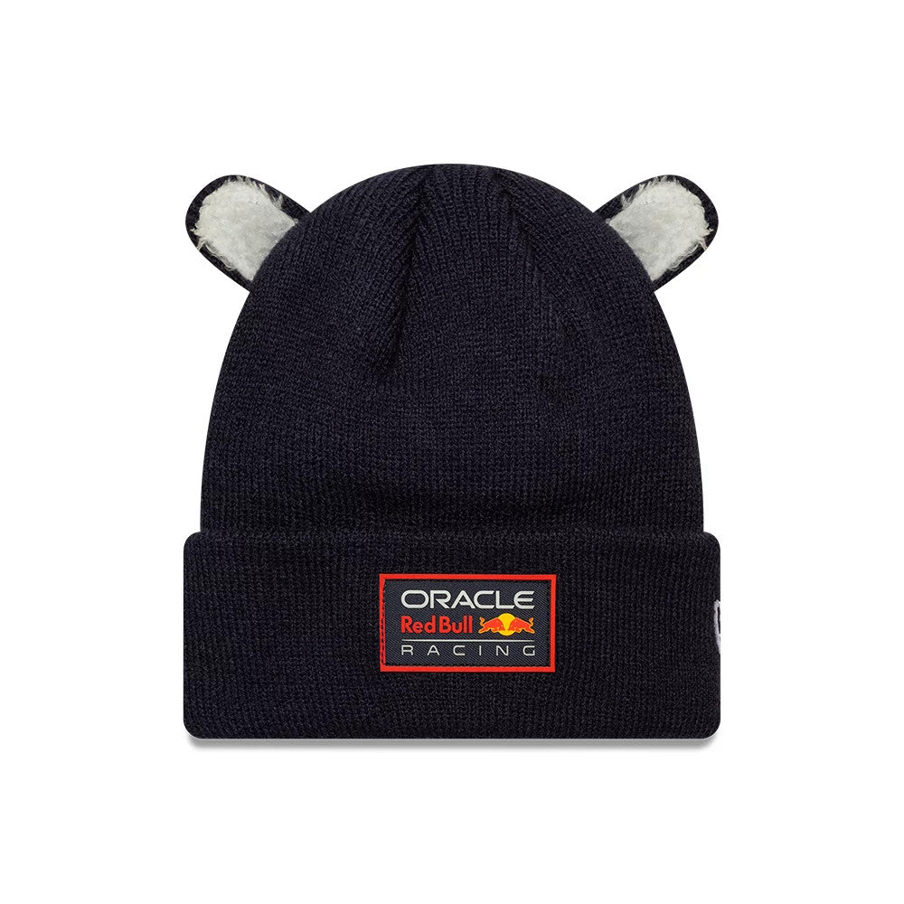 New Era Red Bull Racing Toddler Ears Dark Blue Cuff Knit Beanie Hat, front view showing the Oracle Red Bull Racing logo patch on the cuff and two playful fabric ears protruding from the top of the dark blue knit.