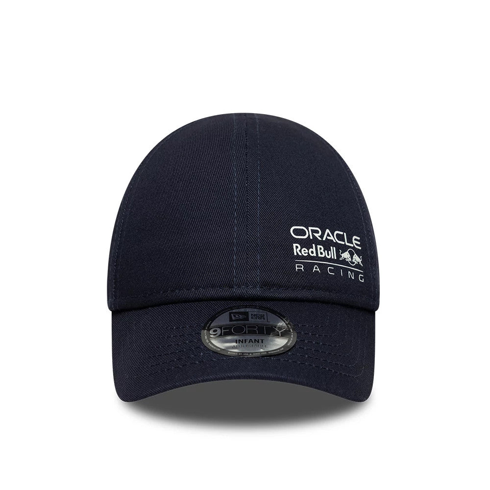 Red Bull Racing Infant My 1st Knit Dark Blue New Era 9FORTY Adjustable Cap, front view showing the white embroidered Oracle Red Bull Racing logo on the front panel with a 9FORTY size sticker on the curved dark blue visor.