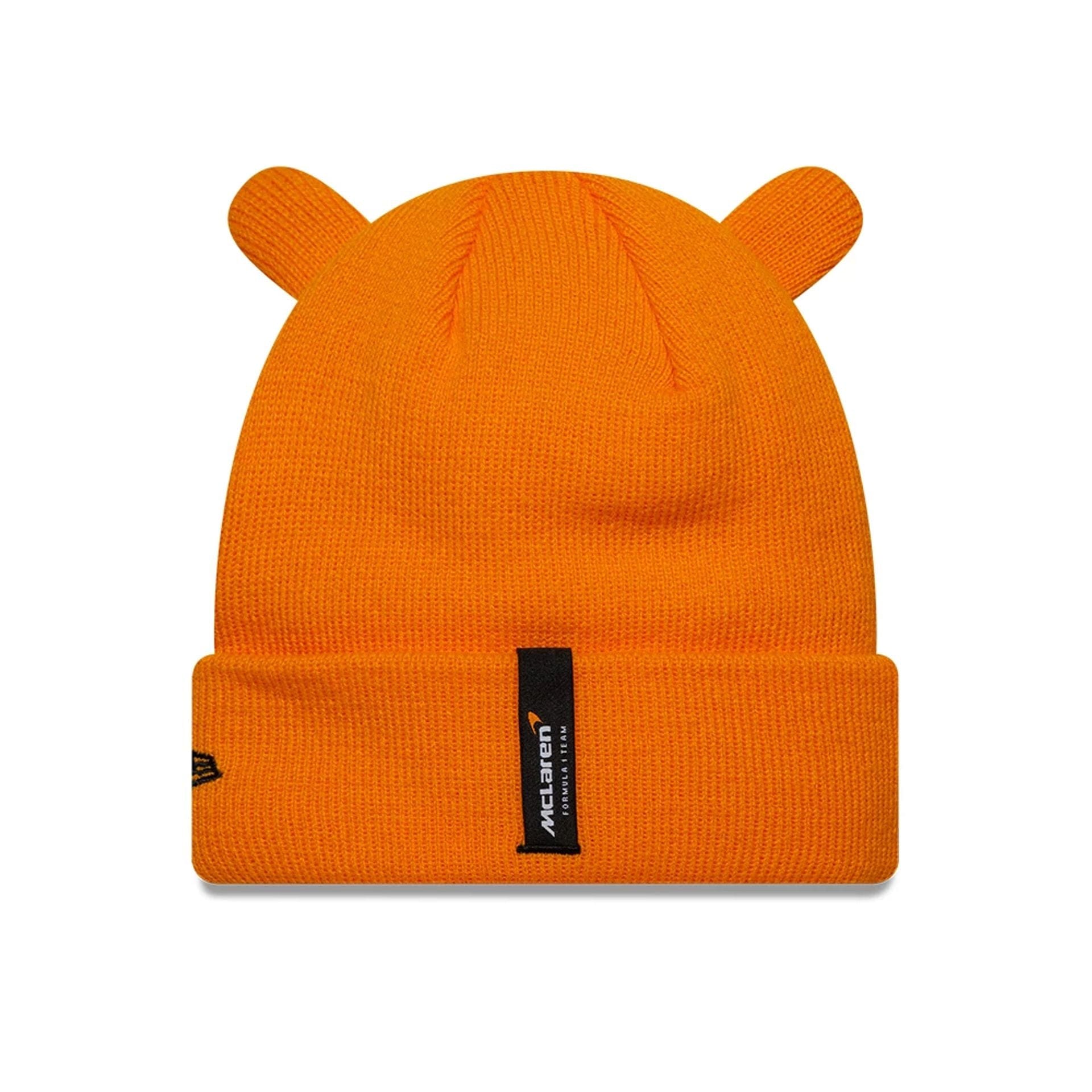 This is a McLaren Racing Child Ears Orange Cuff Knit Beanie Hat 2