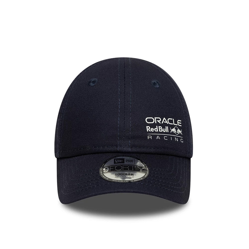 Red Bull Racing Toddler Navy New Era 9FORTY Adjustable Cap, front view showing raised white embroidered Oracle Red Bull Racing logo on the structured navy crown with a 9FORTY size sticker on the curved visor.