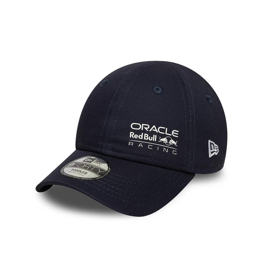 Red Bull Racing Toddler Navy New Era 9FORTY Adjustable Cap, three-quarter view showing the white embroidered Red Bull Racing logo on the front panel, curved navy visor and black 9FORTY size sticker.