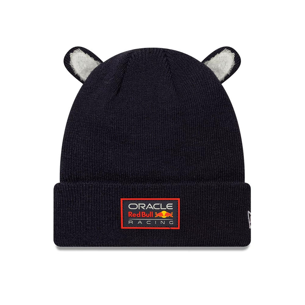 New Era Red Bull Racing Child Ears Dark Blue Cuff Knit Beanie Hat, front view showing embroidered Red Bull Racing logo patch on the cuff, featuring playful fabric ears on top against the dark blue knit fabric.