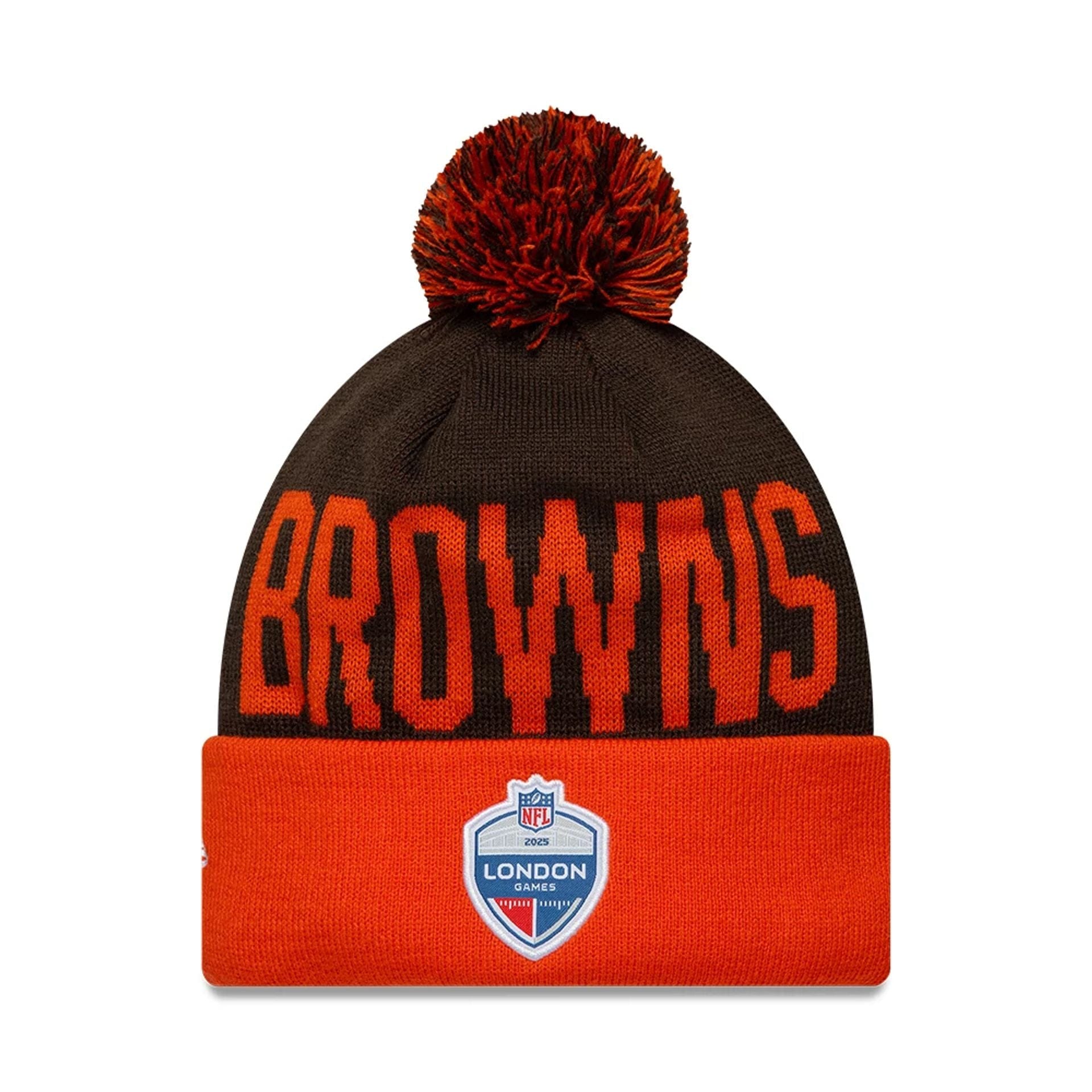 This is a Cleveland Browns NFL London Games 2025 Dark Brown Cuff Knit Beanie Hat 2