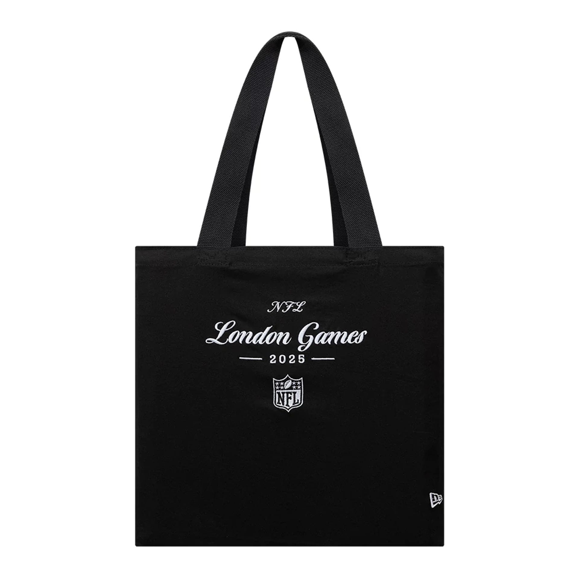 This is a Shield Logo NFL London Games 2025 Black Tote Bag 1