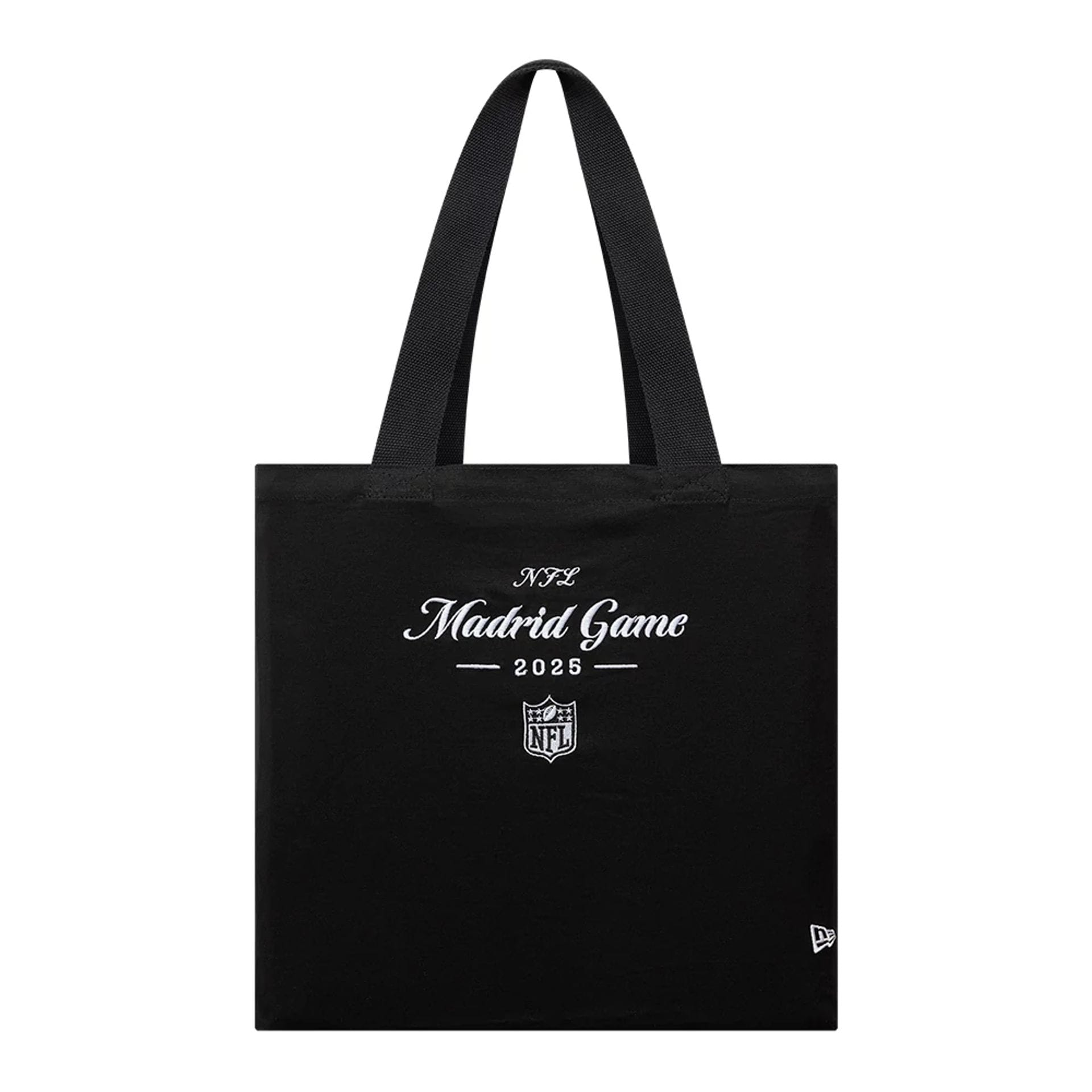 This is a Shield Logo NFL Madrid Game 2025 Black Tote Bag 1