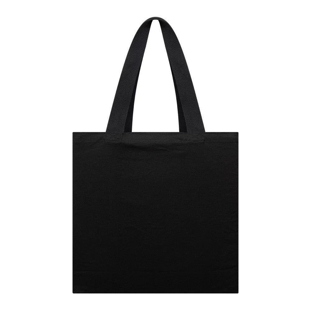 New Era Shield Logo NFL Berlin Game 2025 Black Tote Bag, front view showing the plain black tote with two long black handles attached at the top and the expansive surface without additional design elements.