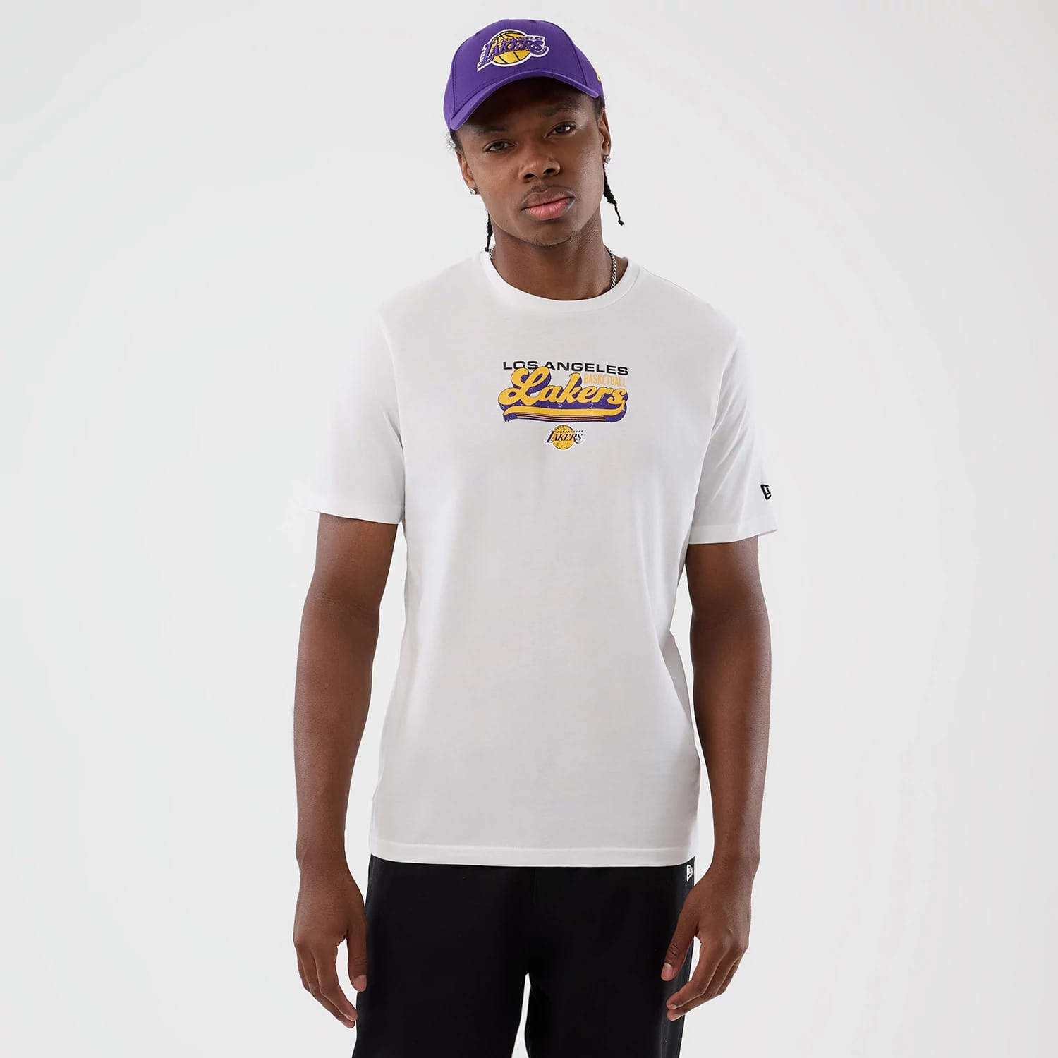 The Male model is wearing LA Lakers NBA Script Back To School White T-Shirt 1